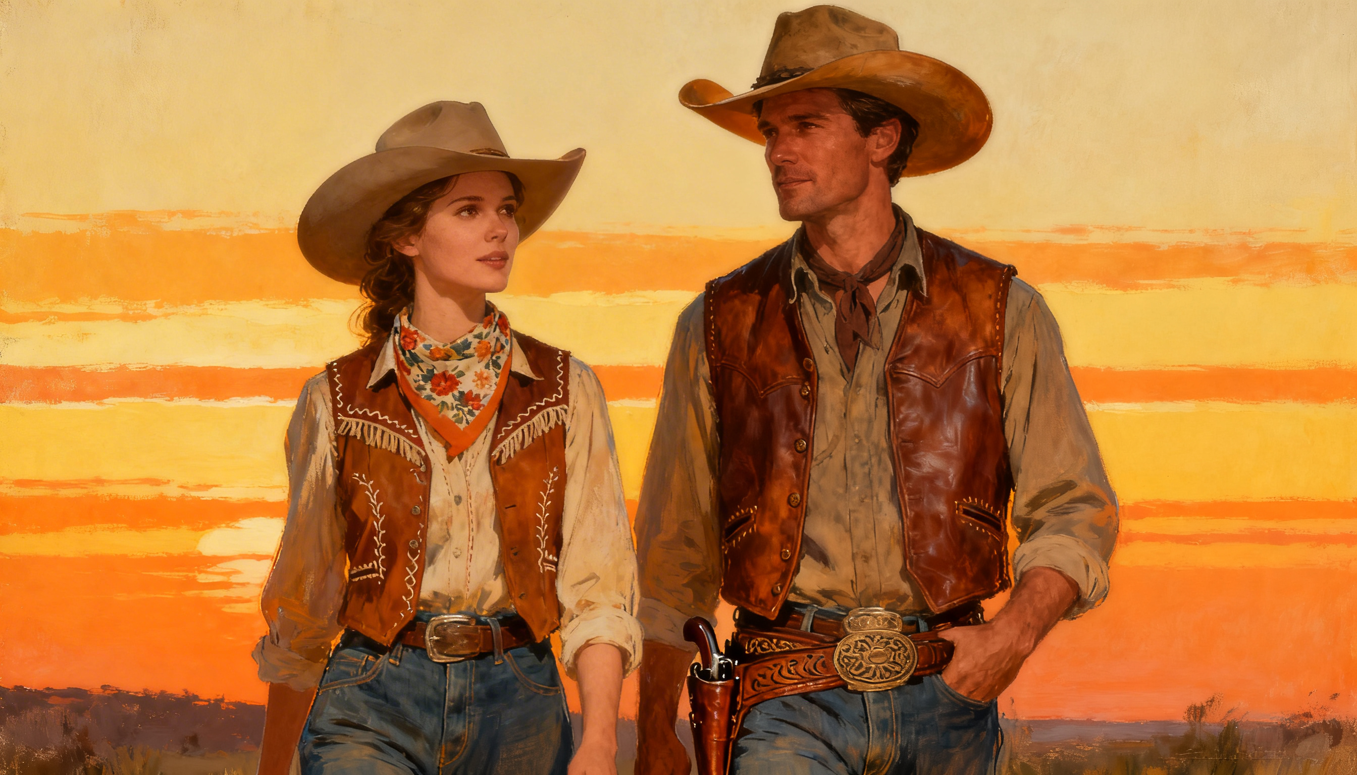 YEP Casino – Western-stílusú banner, cowboy és cowgirl sivatagi naplementében